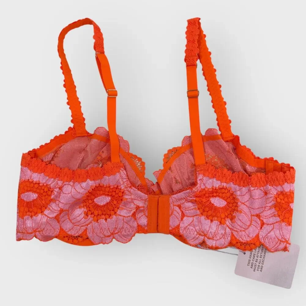 SavagexFenty Perfect Poppies Unlined Lace Demi Bra 38D Pink Orange Festival Top - Picture 9 of 10